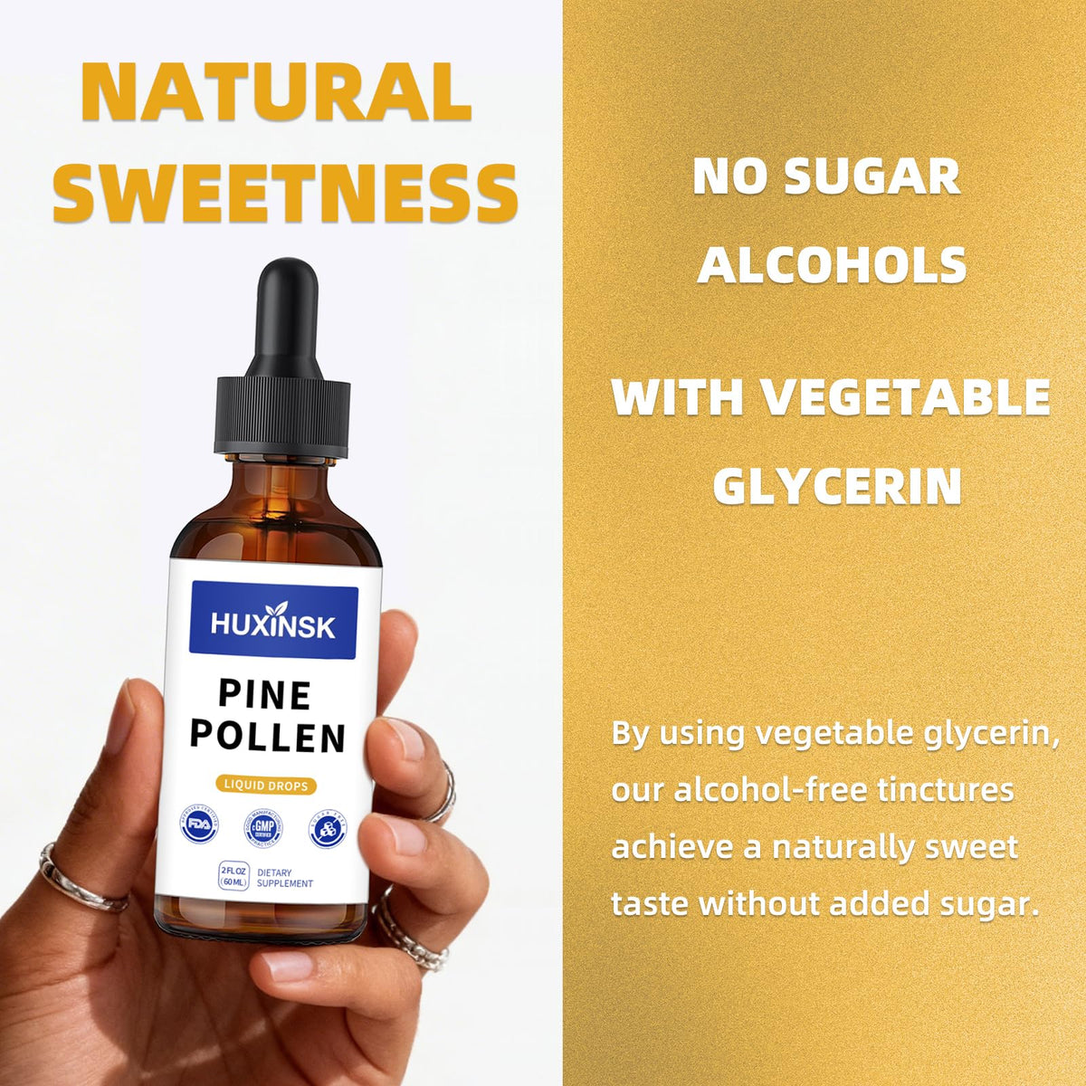 HUXINSK Extrait Liquide de Pollen de Pin 60ml, bouteille sur fond blanc