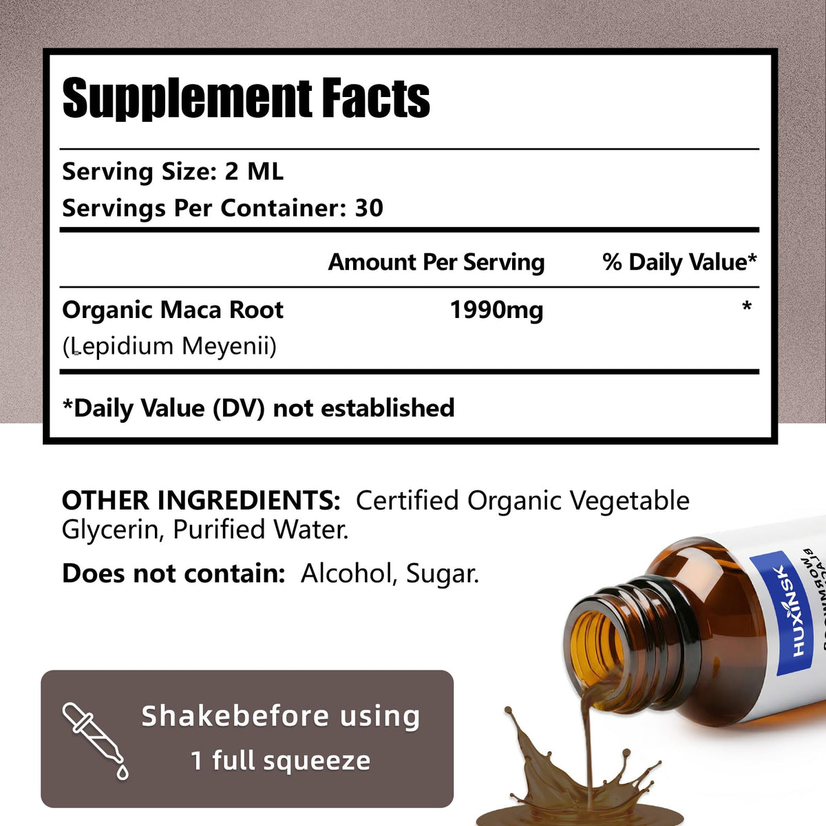 HUXINSK Maca Liquide 60ml bouteille vue de côté