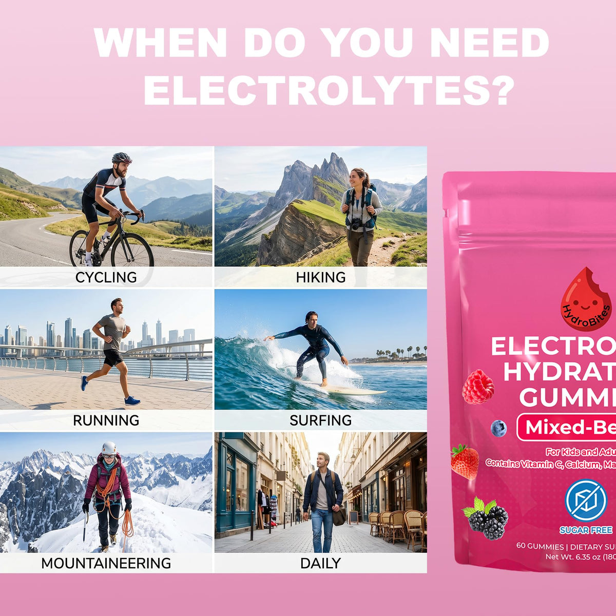 HydroBites Gummies Électrolytes sur une table, avec fruits en arrière-plan