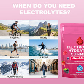 HydroBites Gummies Électrolytes sur une table, avec fruits en arrière-plan