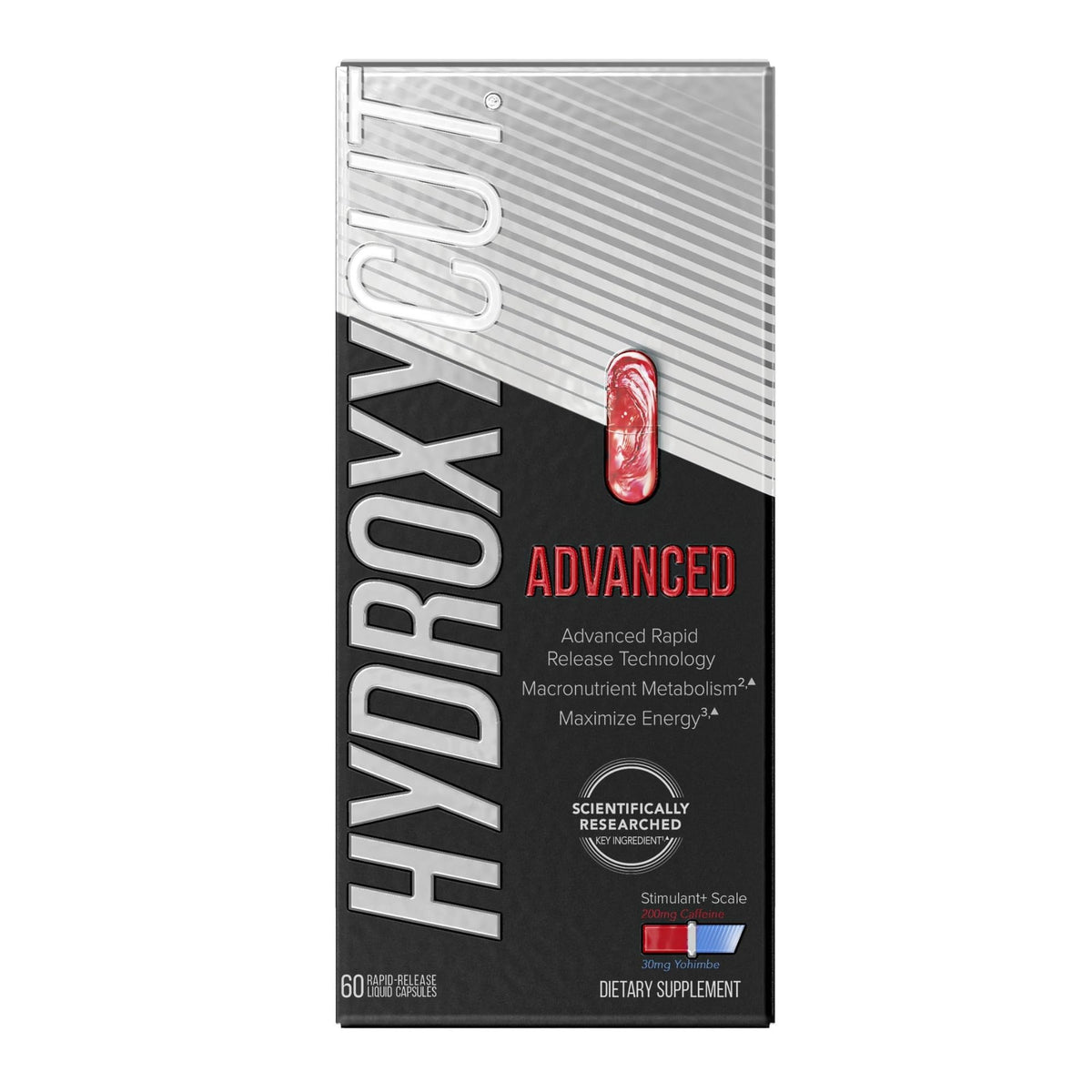 Hydroxycut Advanced 60 capsules, vue de face avec étiquette