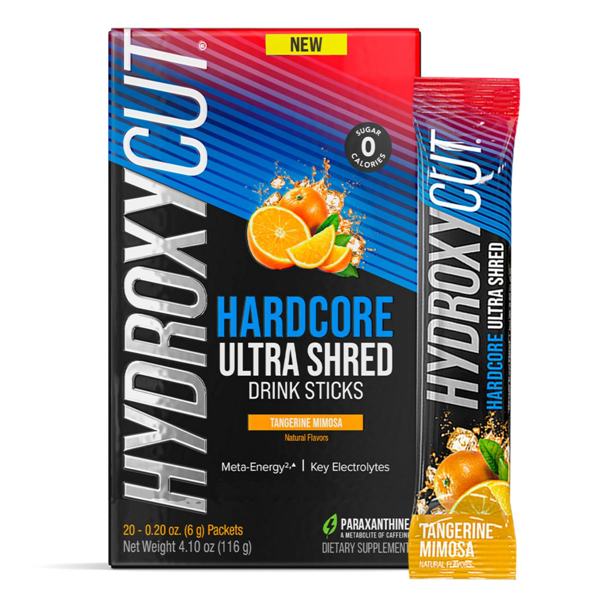 Hydroxycut Hardcore Ultra Shred Tangerine Mimosa 20 stick packs front view