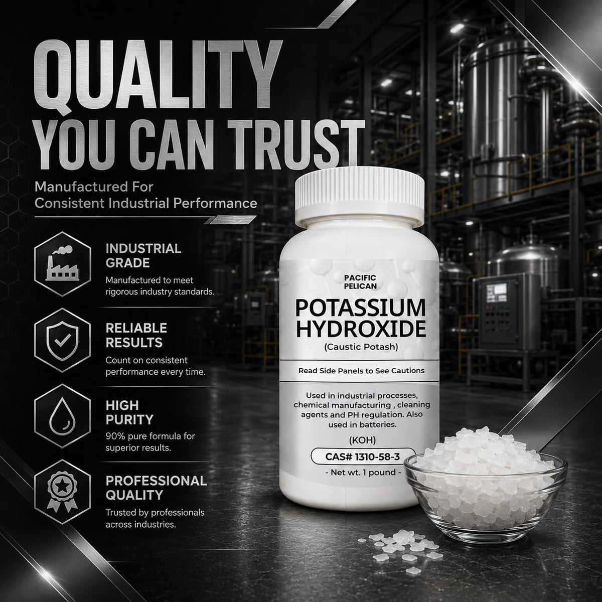 Hydroxyde de potassium Pacific Pelican avec accessoires de sécurité