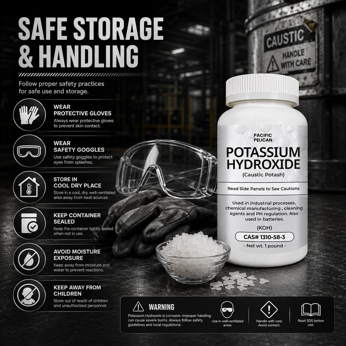 Hydroxyde de potassium Pacific Pelican - vue latérale