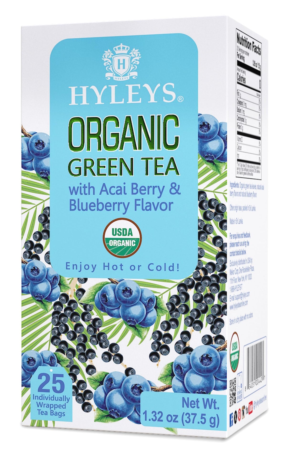HYLEYS Thé Vert Bio Acai Berry & Myrtille sachets emballés individuellement