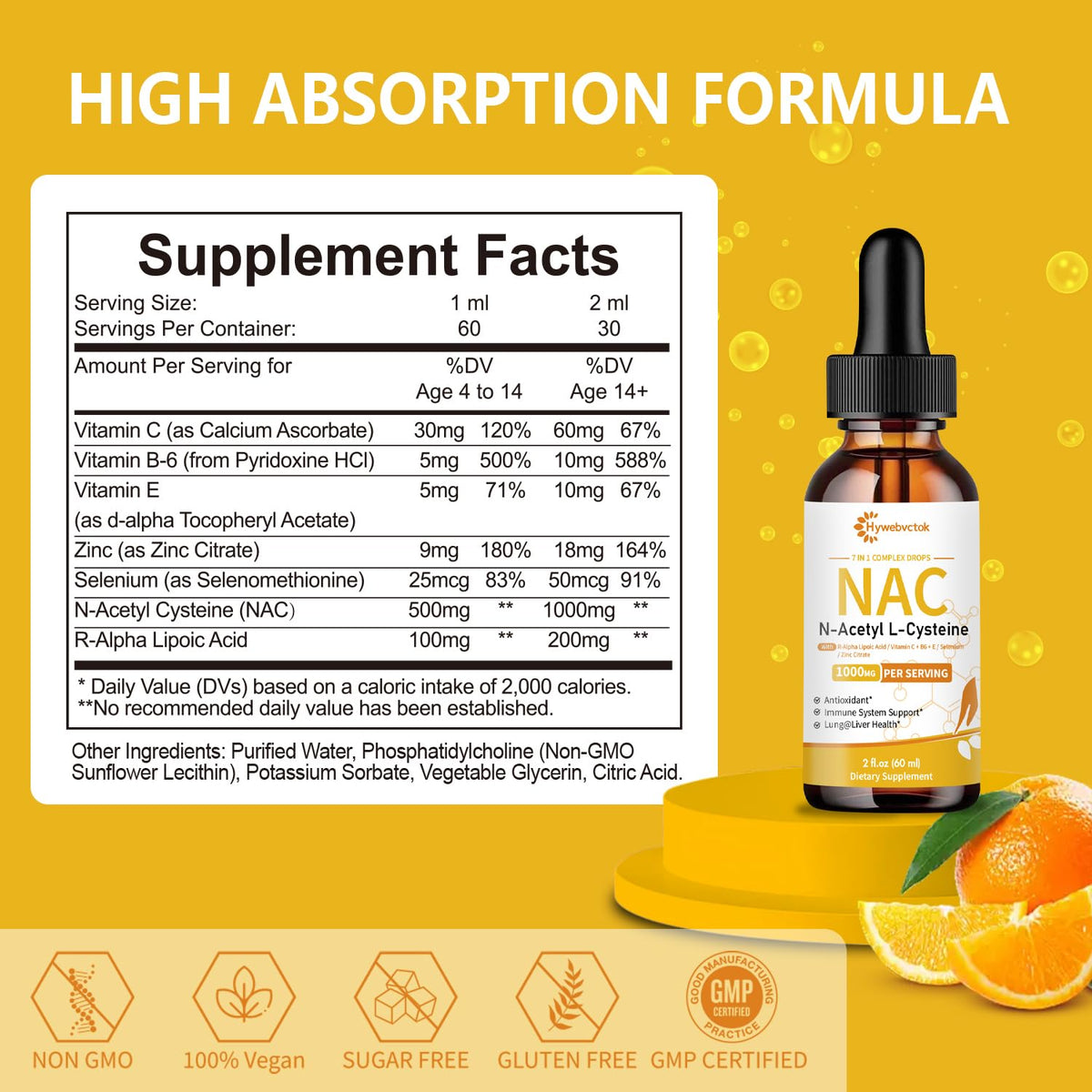 Hywebvctok Gouttes Liquides NAC 1000 mg - Étiquette de produit