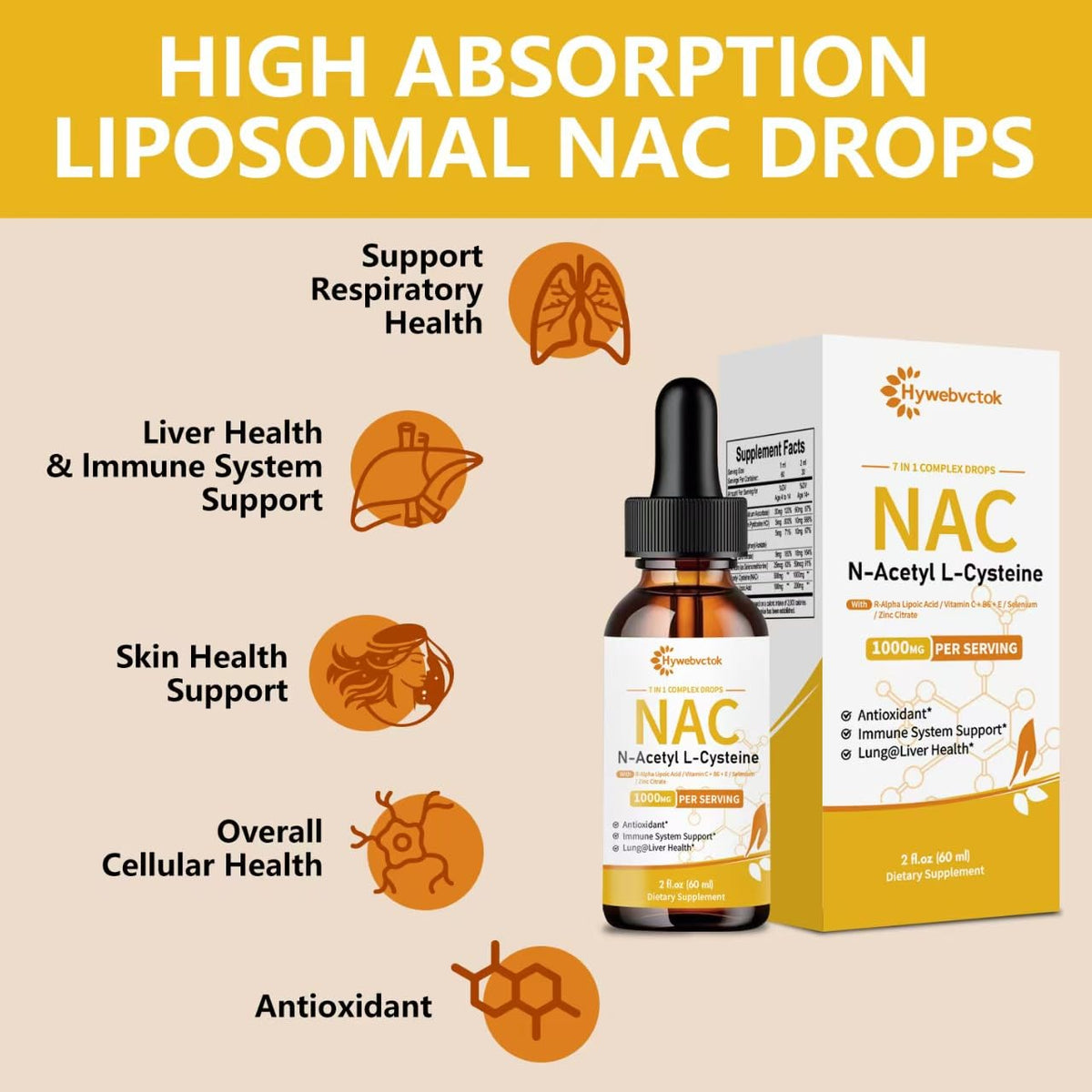 Hywebvctok Gouttes Liquides NAC 1000 mg - Flacon ouvert