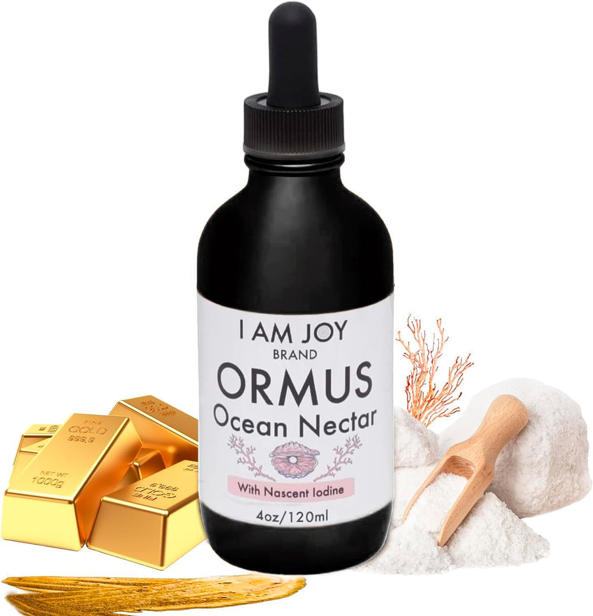 I Am Joy co. Ormus Ocean Nectar Monoatomic Gold 4oz bouteille vue de face