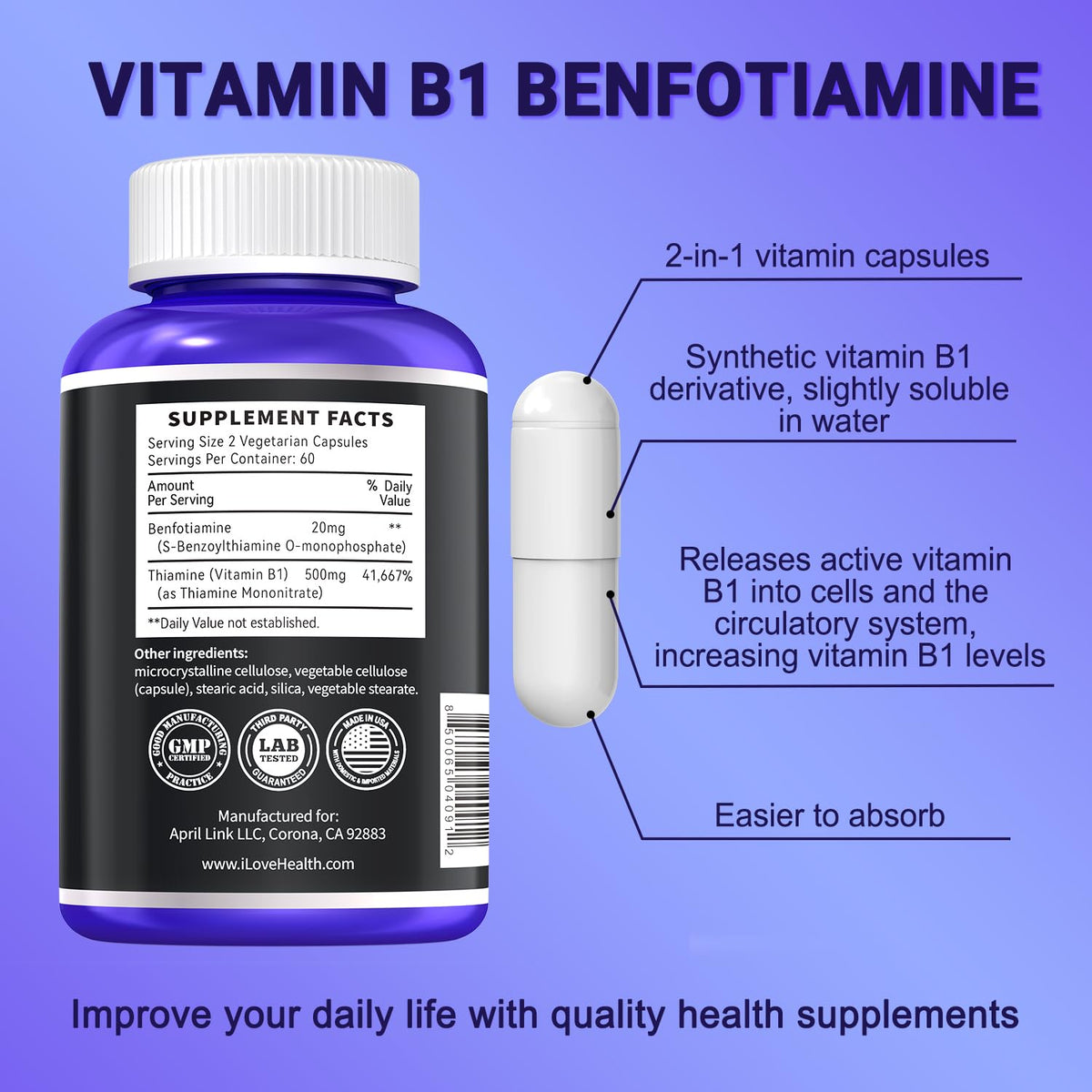 I LOVE HEALTH B1 500mg capsules en gros plan