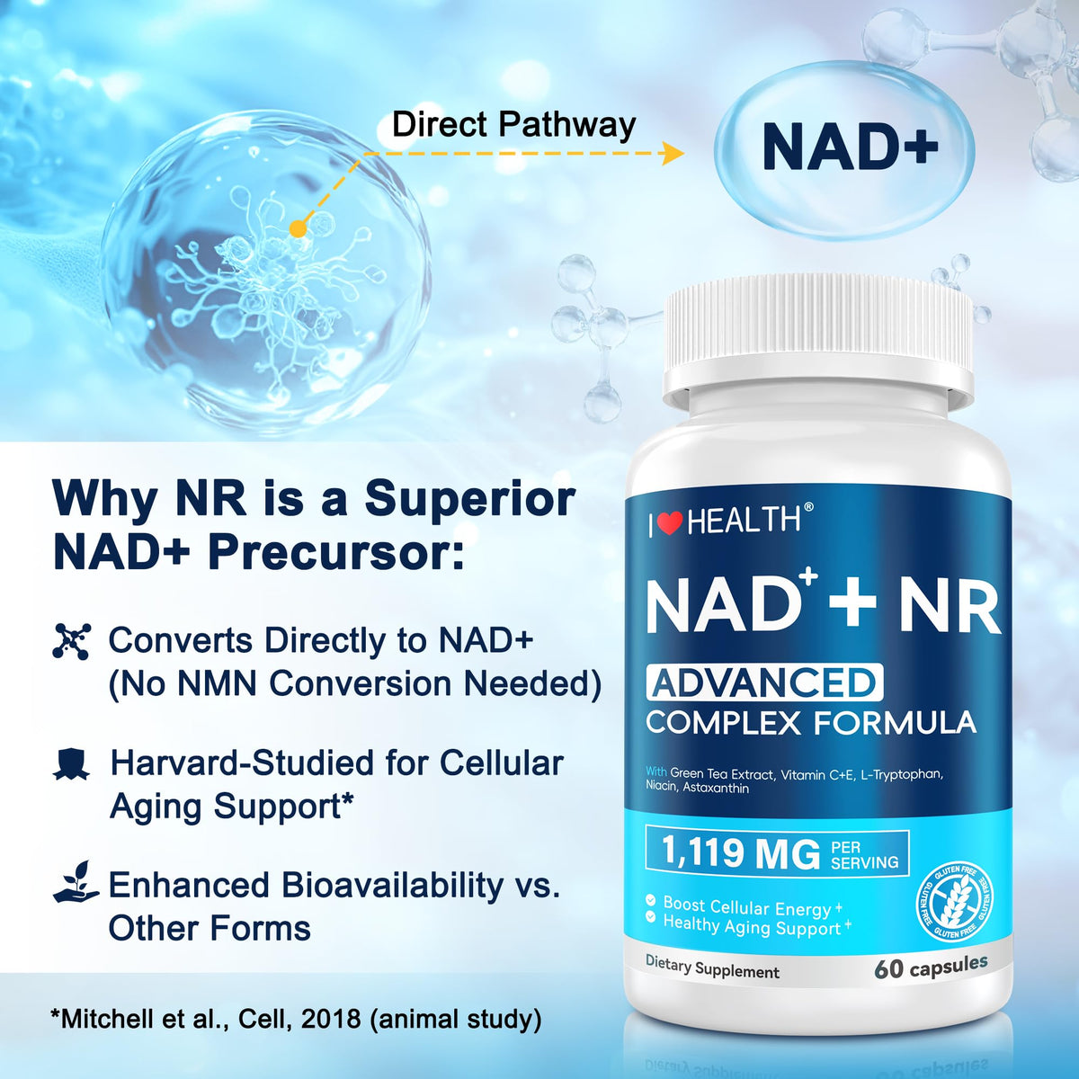 I LOVE HEALTH Complément NAD+ 1119 mg sur une table avec d'autres suppléments