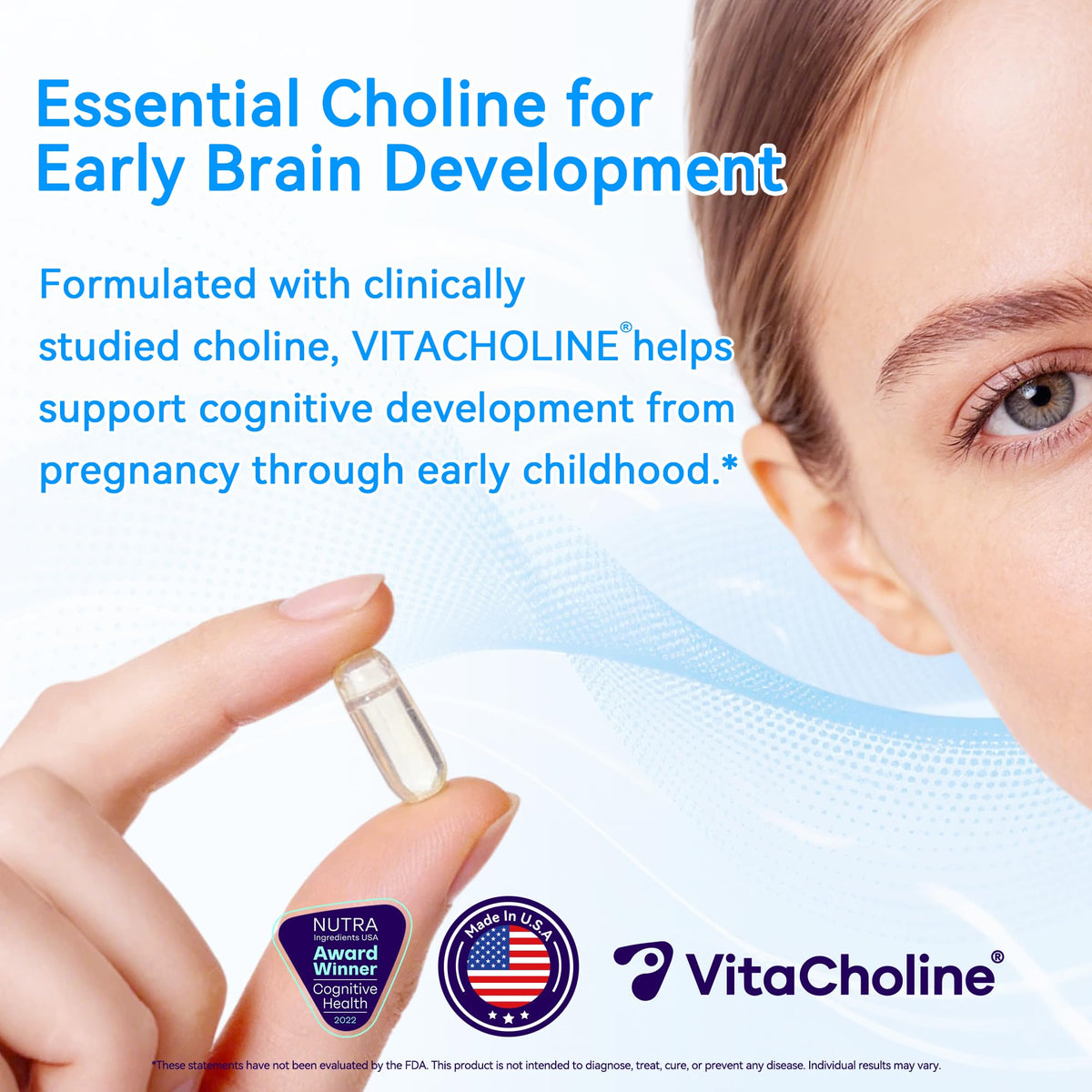 I LOVE HEALTH VitaCholine 500mg capsules avec une main tenant le flacon