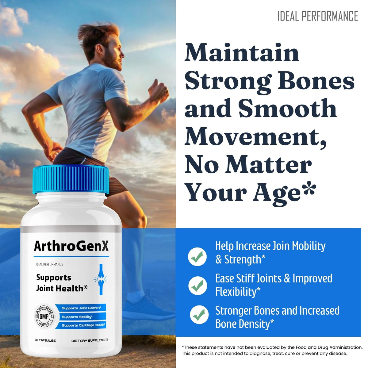 IDEAL PERFORMANCE ArthroGenX Compléments Alimentaires Articulations - capsules dans un verre d'eau