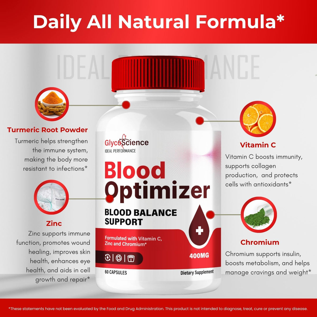 IDEAL PERFORMANCE GlycoScience Blood Optimizer Capsules avec un verre d'eau
