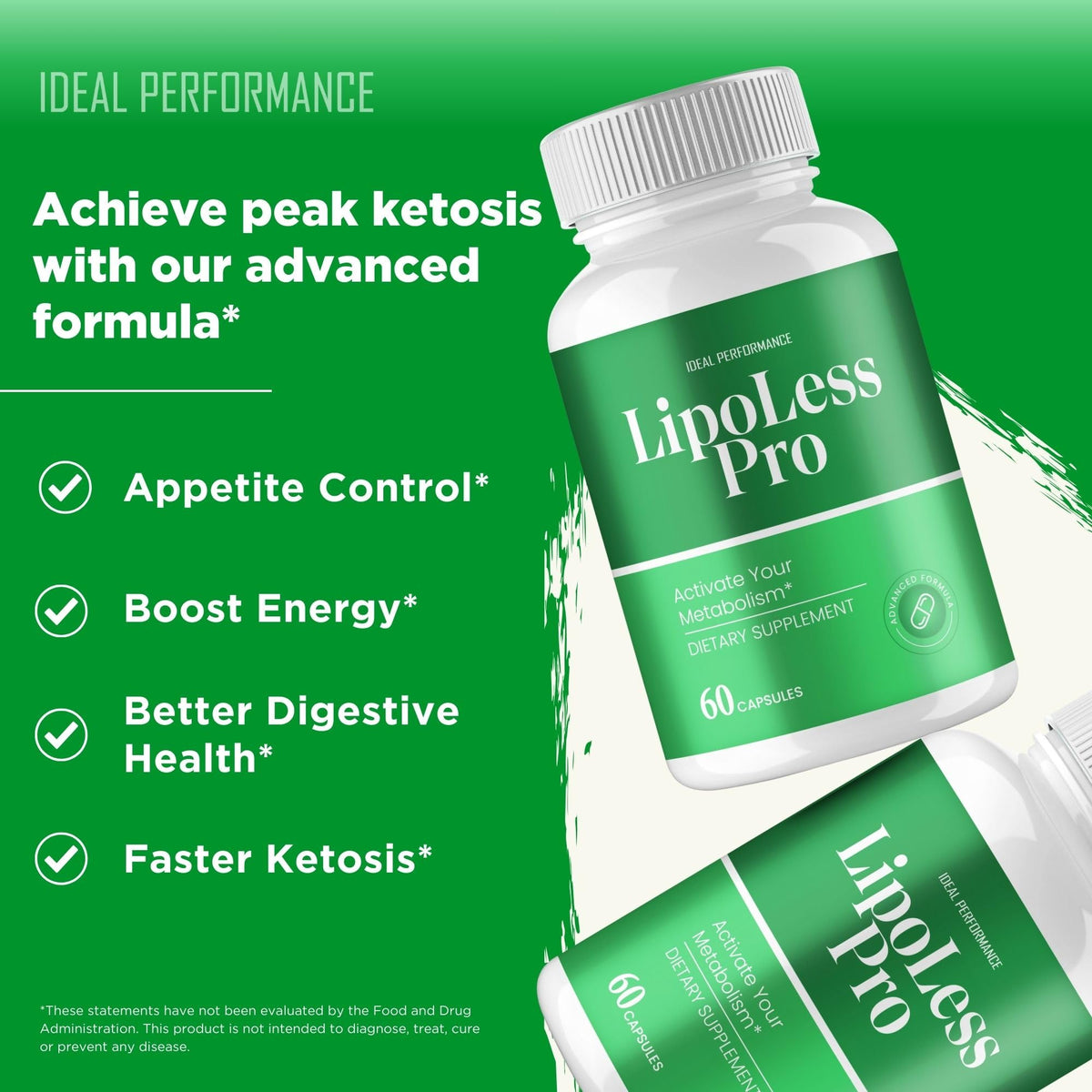 IDEAL PERFORMANCE Lipo Less Capsules à côté d'un verre d'eau