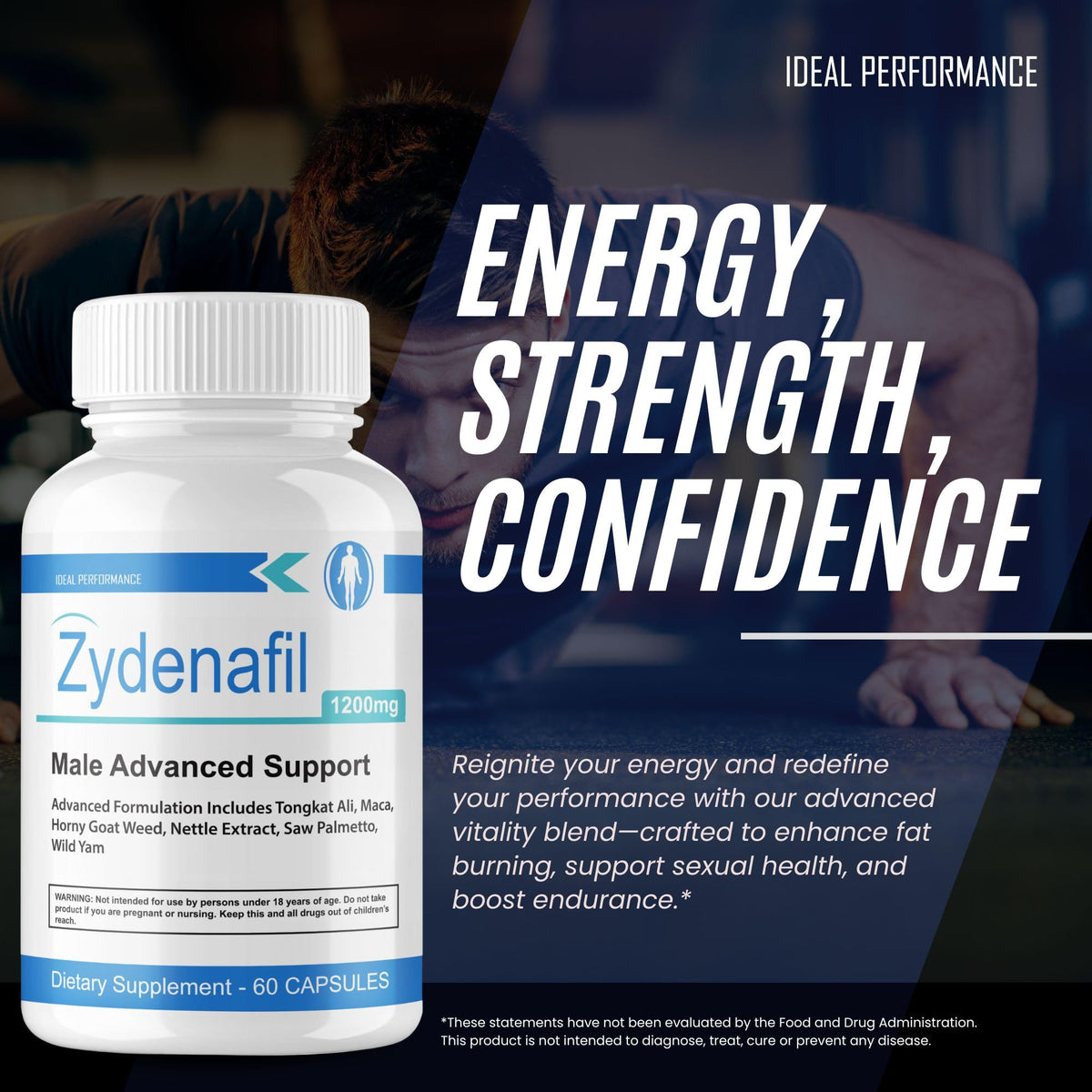 IDEAL PERFORMANCE Zydenafil gélules à côté d'un verre d'eau