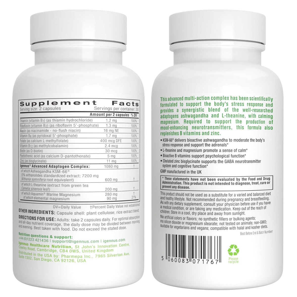 Igennus Ashwagandha KSM-66 600mg ingrédients sous forme de tableau