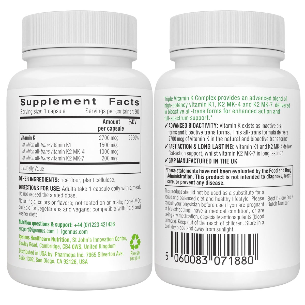 Igennus Complexe de Vitamine K 90 Capsules, packaging