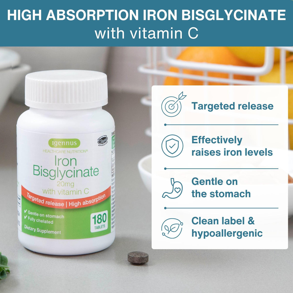 Igennus Fer Bisglycinate 20mg 180 comprimés, vue arrière