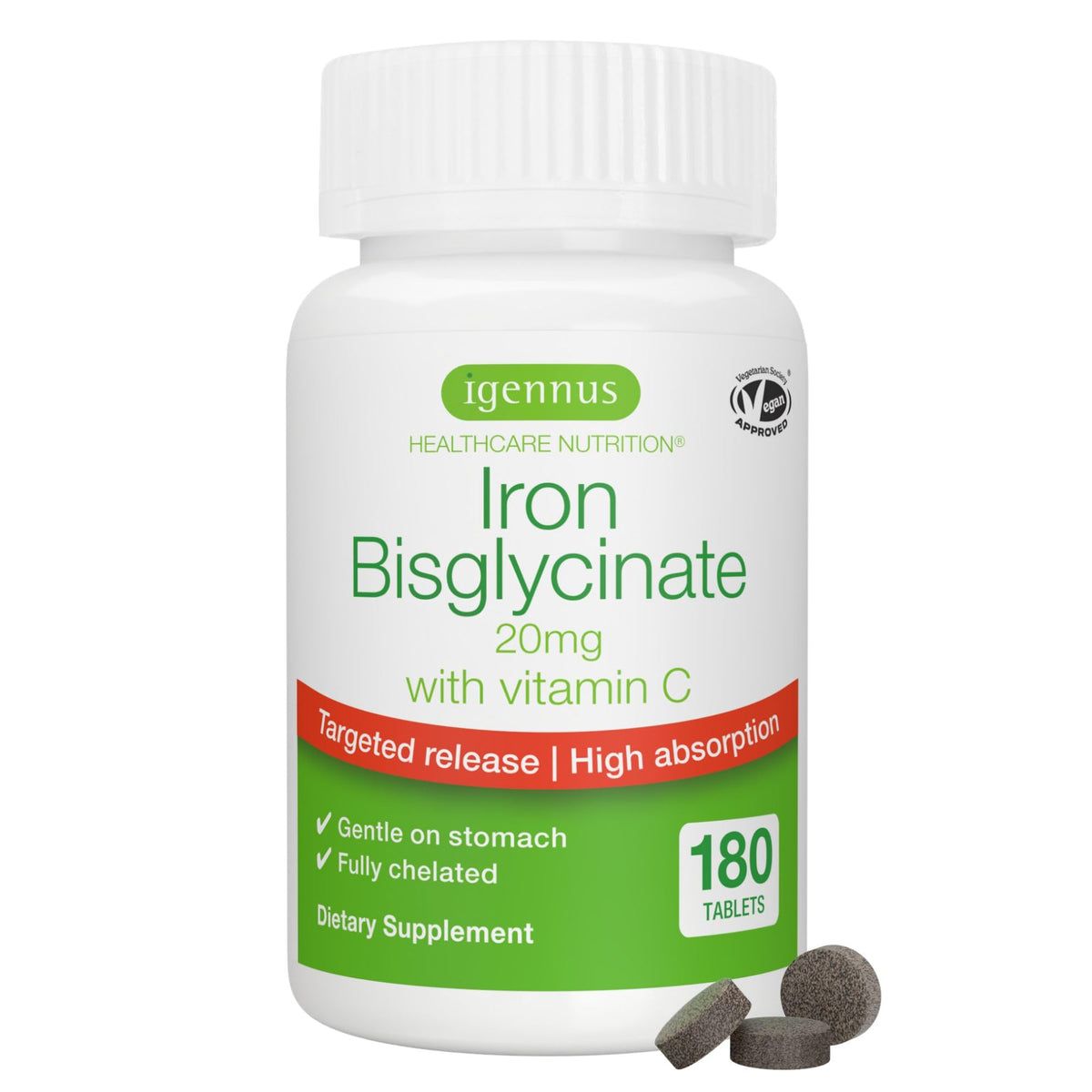 Igennus Fer Bisglycinate 20mg 180 comprimés, vue de face