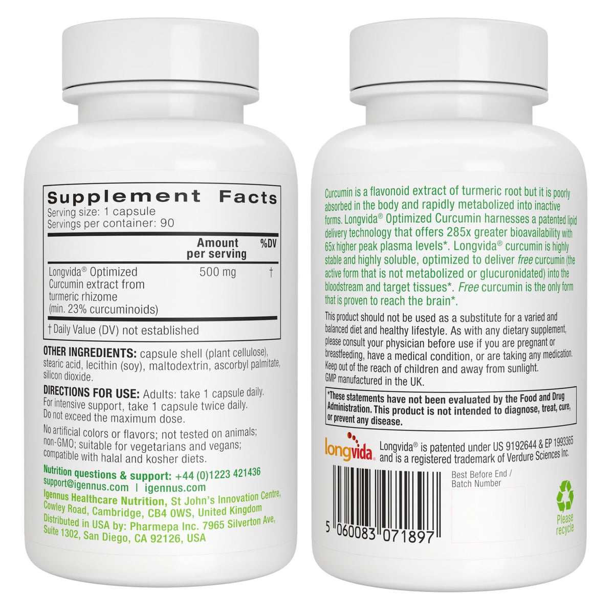 Igennus Longvida Curcumin 500mg boîte vue arrière