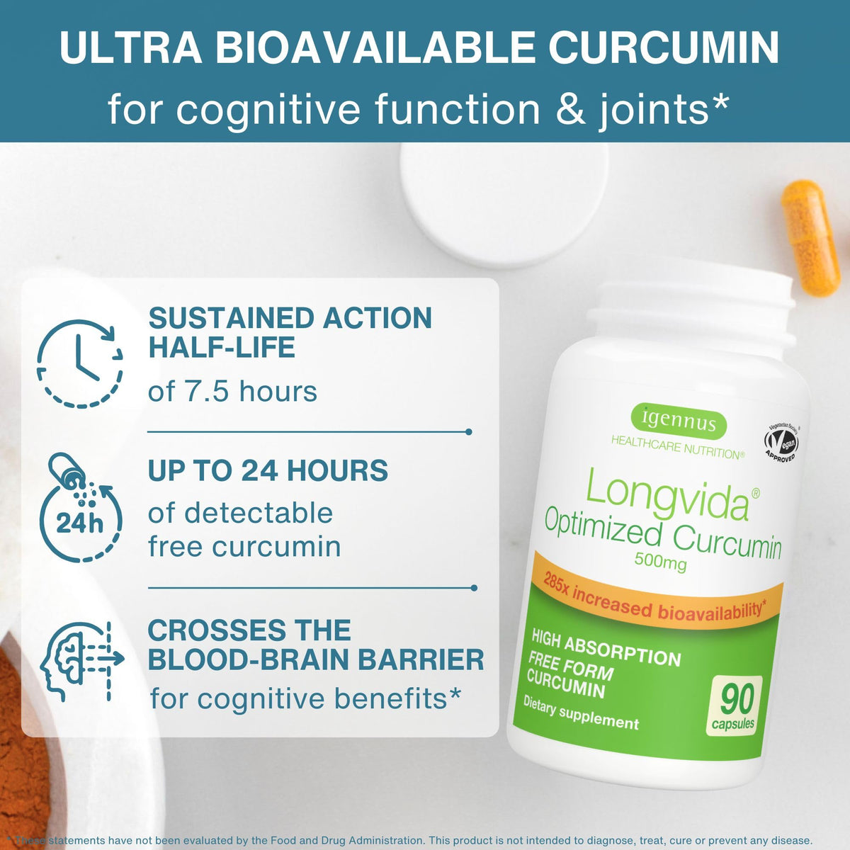 Igennus Longvida Curcumin 500mg capsules sur fond blanc