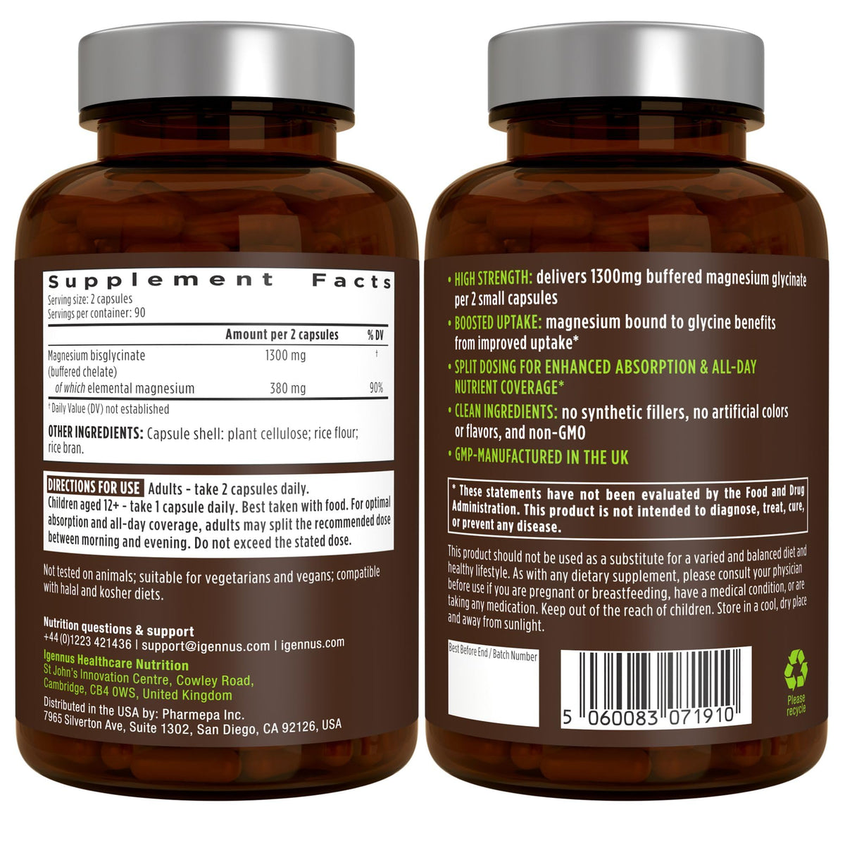 Igennus Magnésium Glycinate 380mg 180 capsules avec des ingrédients