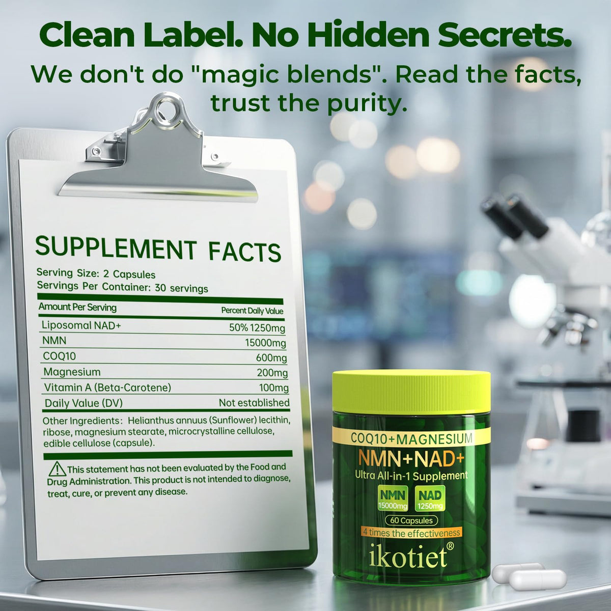 ikotiet Liposomal NAD+ produit sur une table en bois