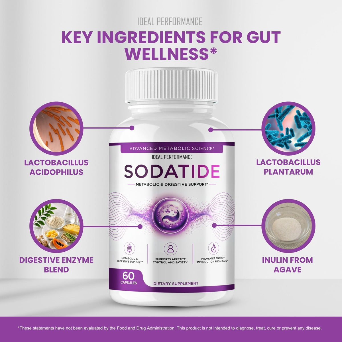 Illustration des capsules Sodatide de IDEAL PERFORMANCE à côté d'autres vitamines