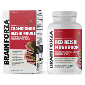 Image de l'étiquette du flacon de capsules de champignon Reishi Rouge bio Brain Forza