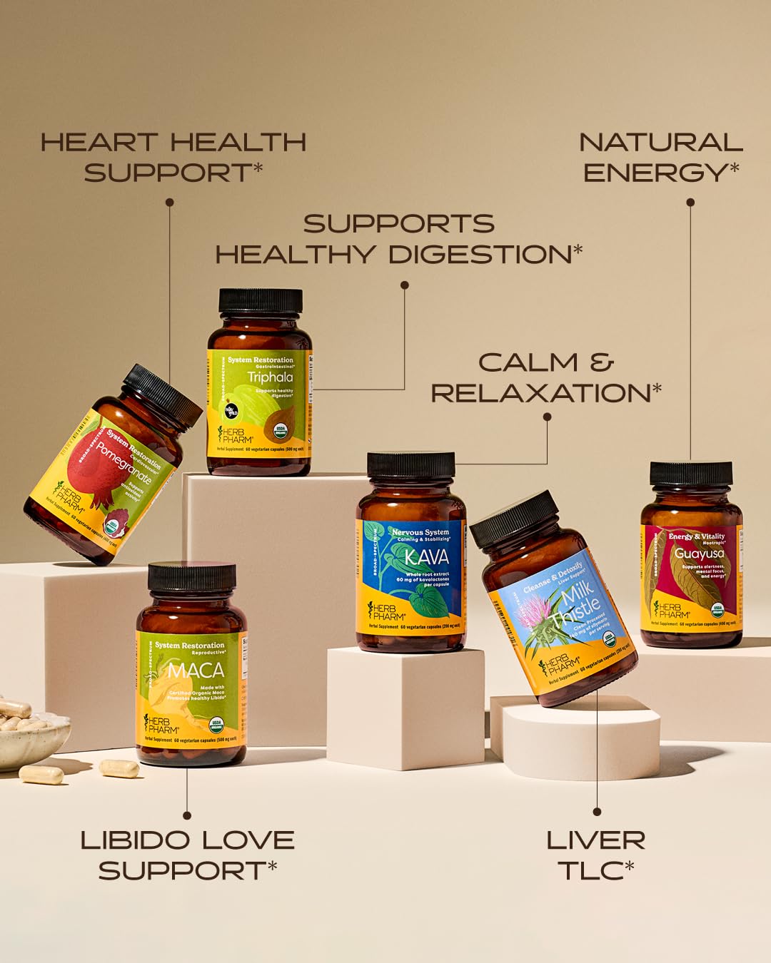 Image des Capsules de Grenade Herb Pharm sur une table en bois