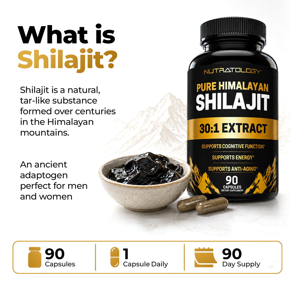 Image des capsules de Shilajit Nutratology sur une table en bois