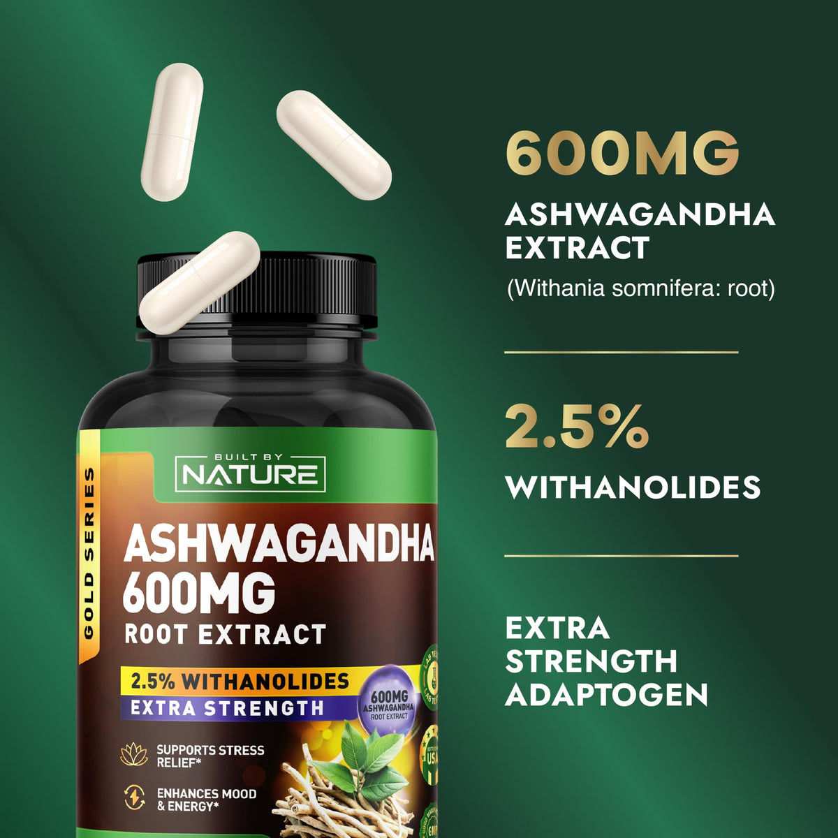 Image du flacon d'ashwagandha Built by Nature sur fond blanc