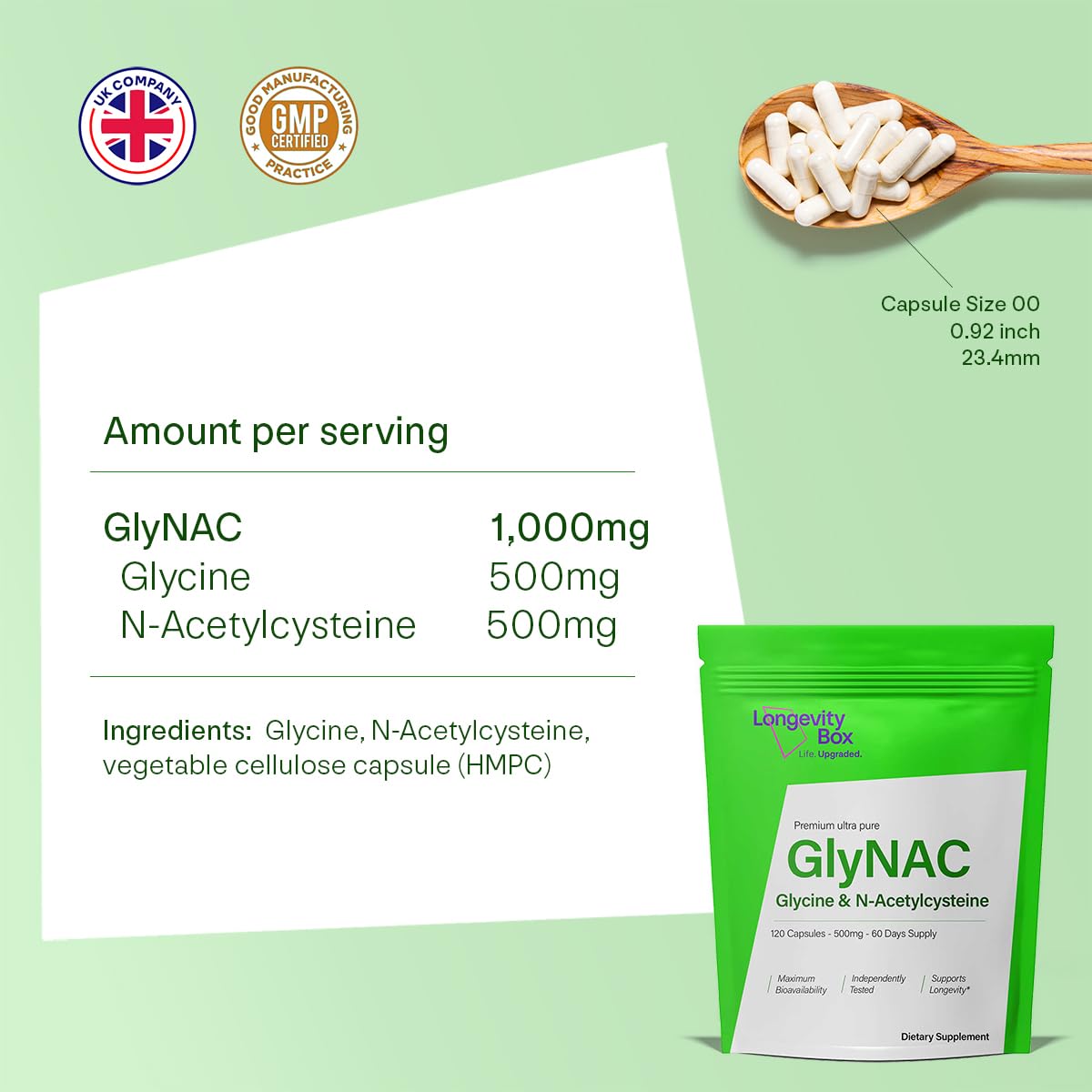 Image du sachet de GlyNAC ouvert avec gélules visibles