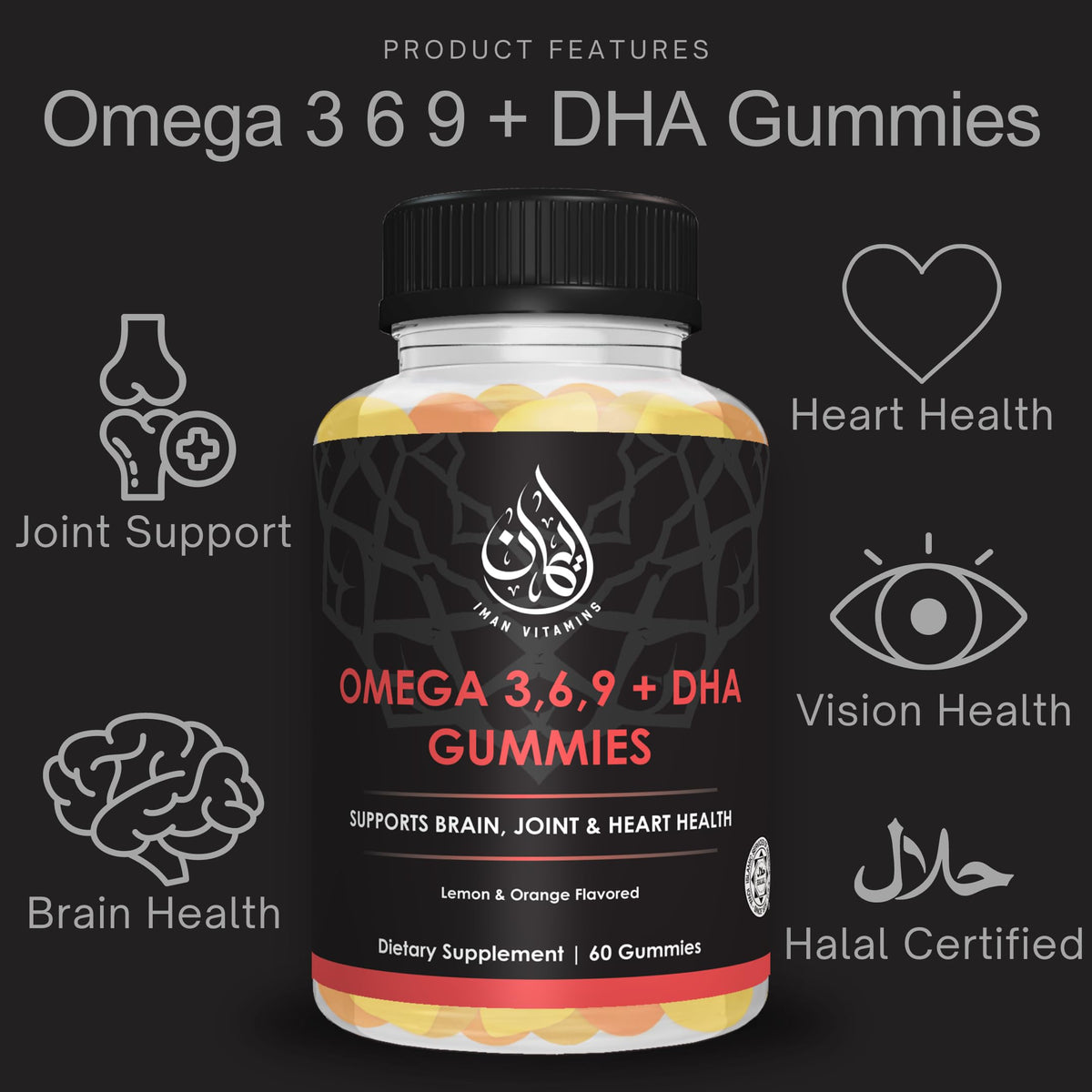 Iman Vitamins Gummies Halal Omega 3 avec goût citron et orange