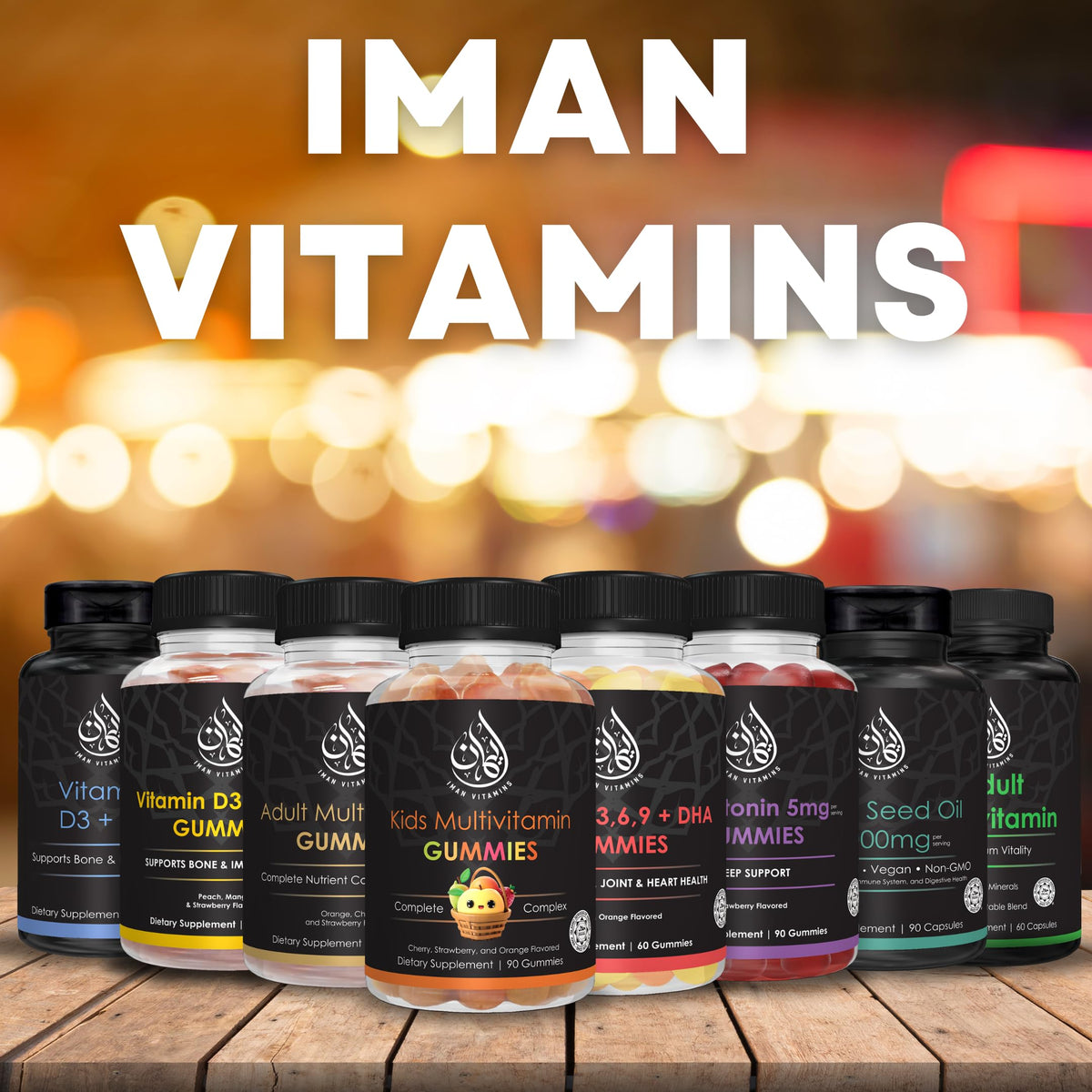 Iman Vitamins Gummies Halal Omega 3, présentation avec fruits