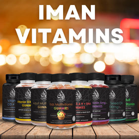 Iman Vitamins Gummies Halal Omega 3, présentation avec fruits