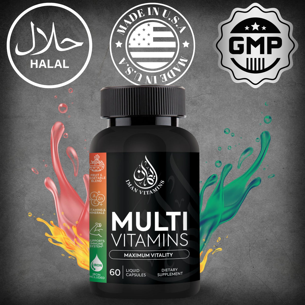 Iman Vitamins Multivitamines Halal Complètes 60 capsules avec étiquette