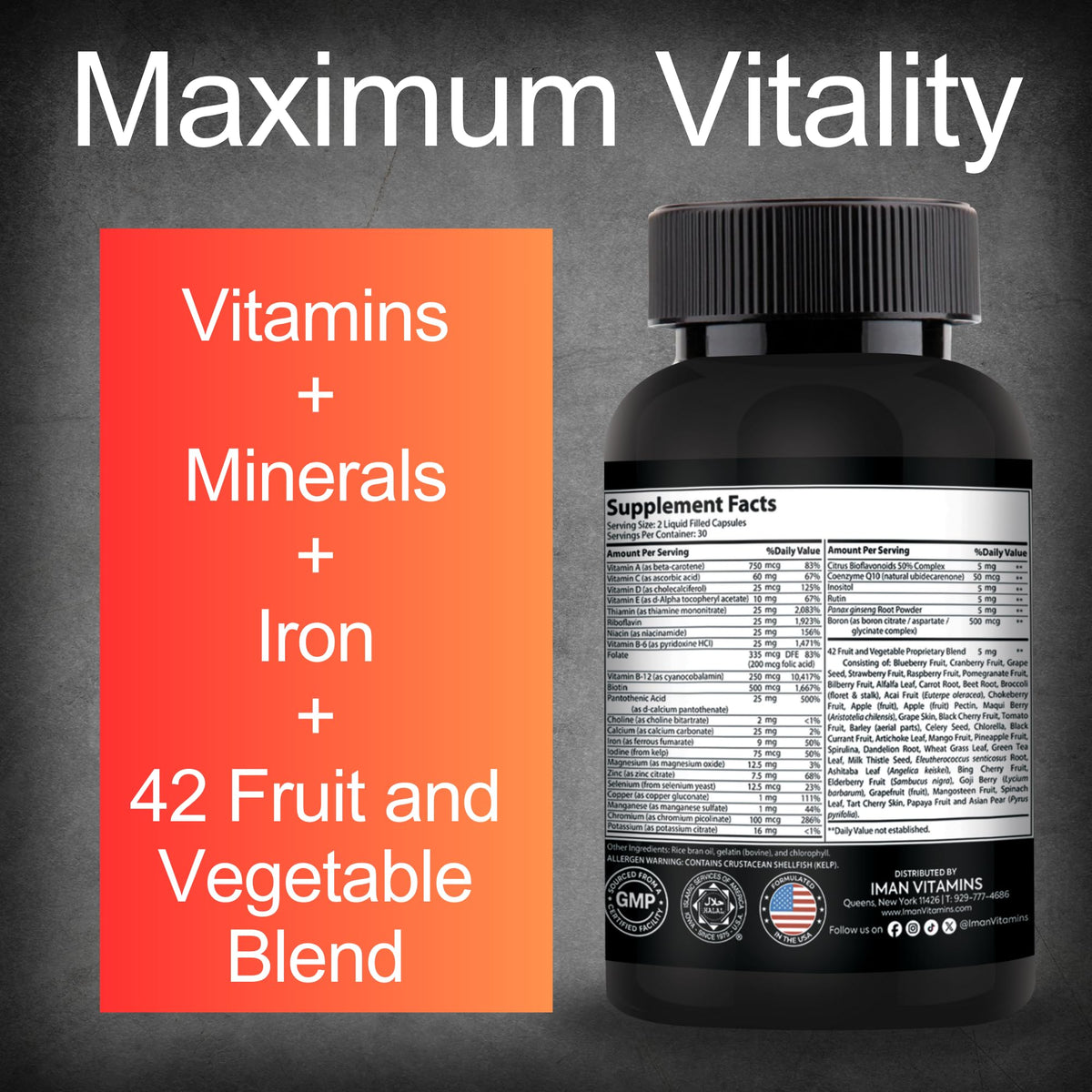 Iman Vitamins Multivitamines Halal Complètes 60 capsules ouvertes