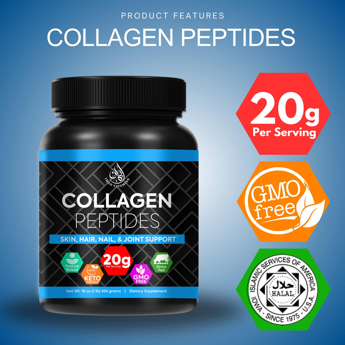 Iman Vitamins Poudre de Collagène Halal 572g vue arrière
