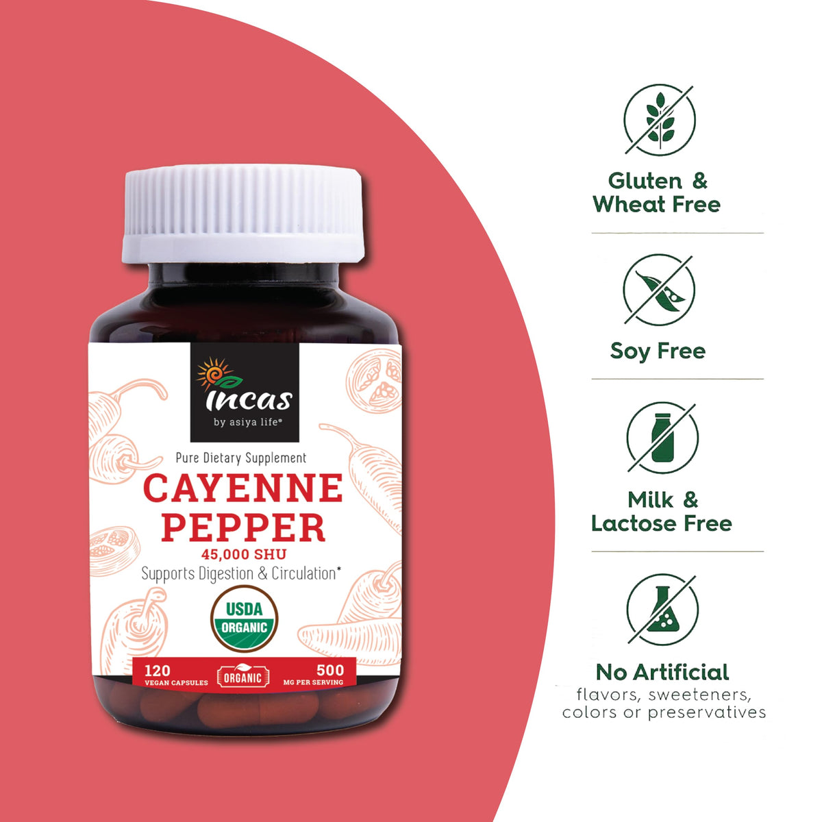 Incas poivre cayenne capsules sur une surface en bois