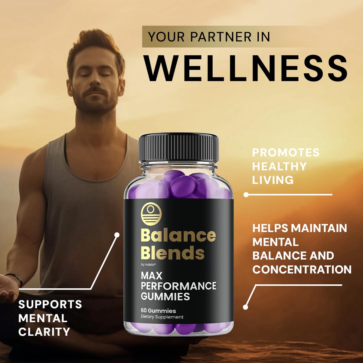 Indelo Balance Blends Gummies 60 Gummies sur une table avec d'autres compléments
