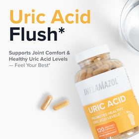 Inflamazol Nettoyage Acide Urique 120 Capsules posées sur une table en bois