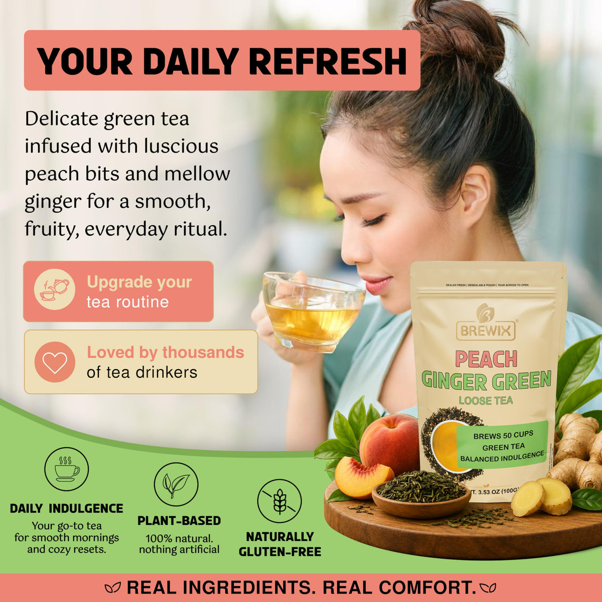 Infusion de thé vert pêche gingembre dans une tasse