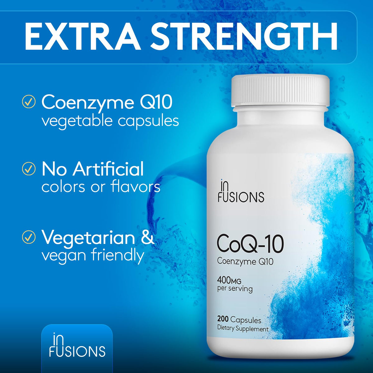 Infusions International CoQ10 400mg 200 Capsules, side view of the bottle