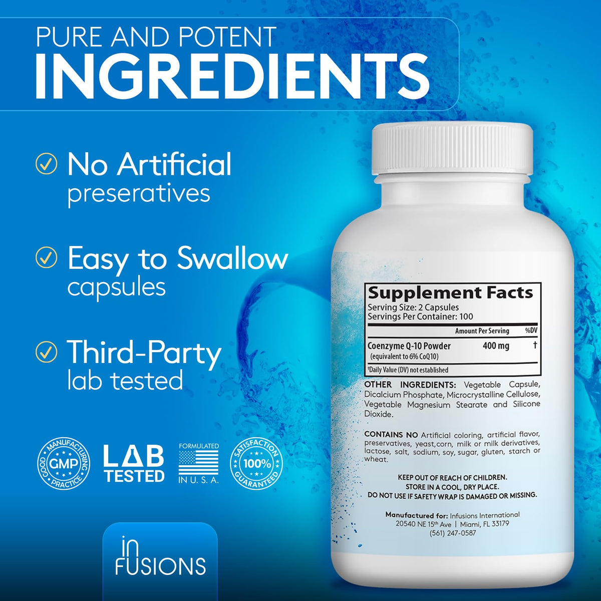 Infusions International CoQ10 400mg capsules displayed with a plant background