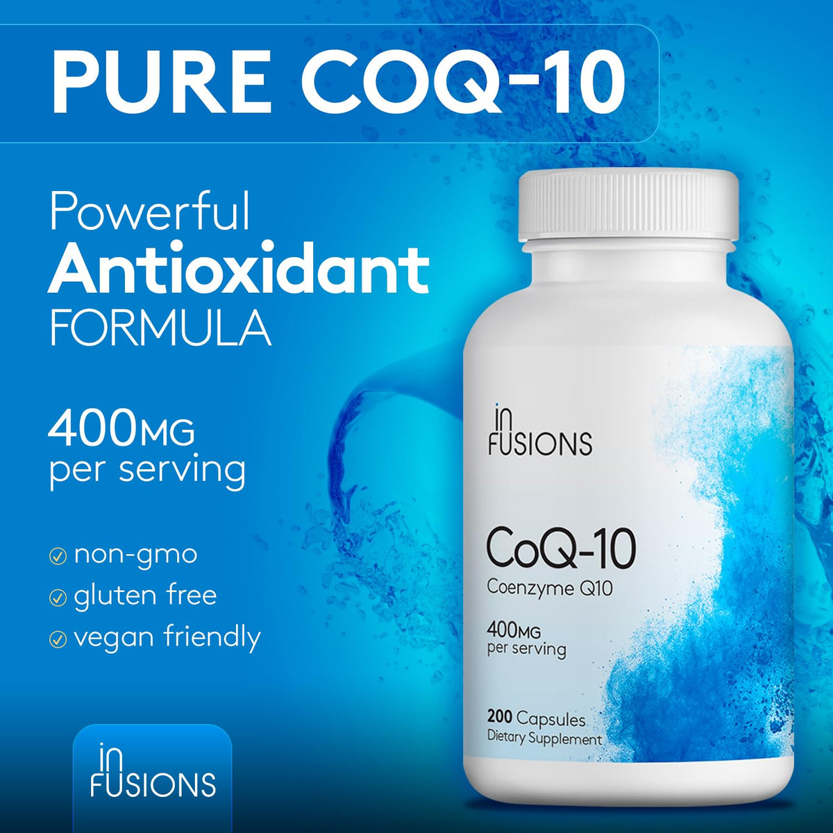 Infusions International CoQ10 400mg capsules with a measuring spoon for dosage