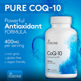 Infusions International CoQ10 400mg capsules with a measuring spoon for dosage