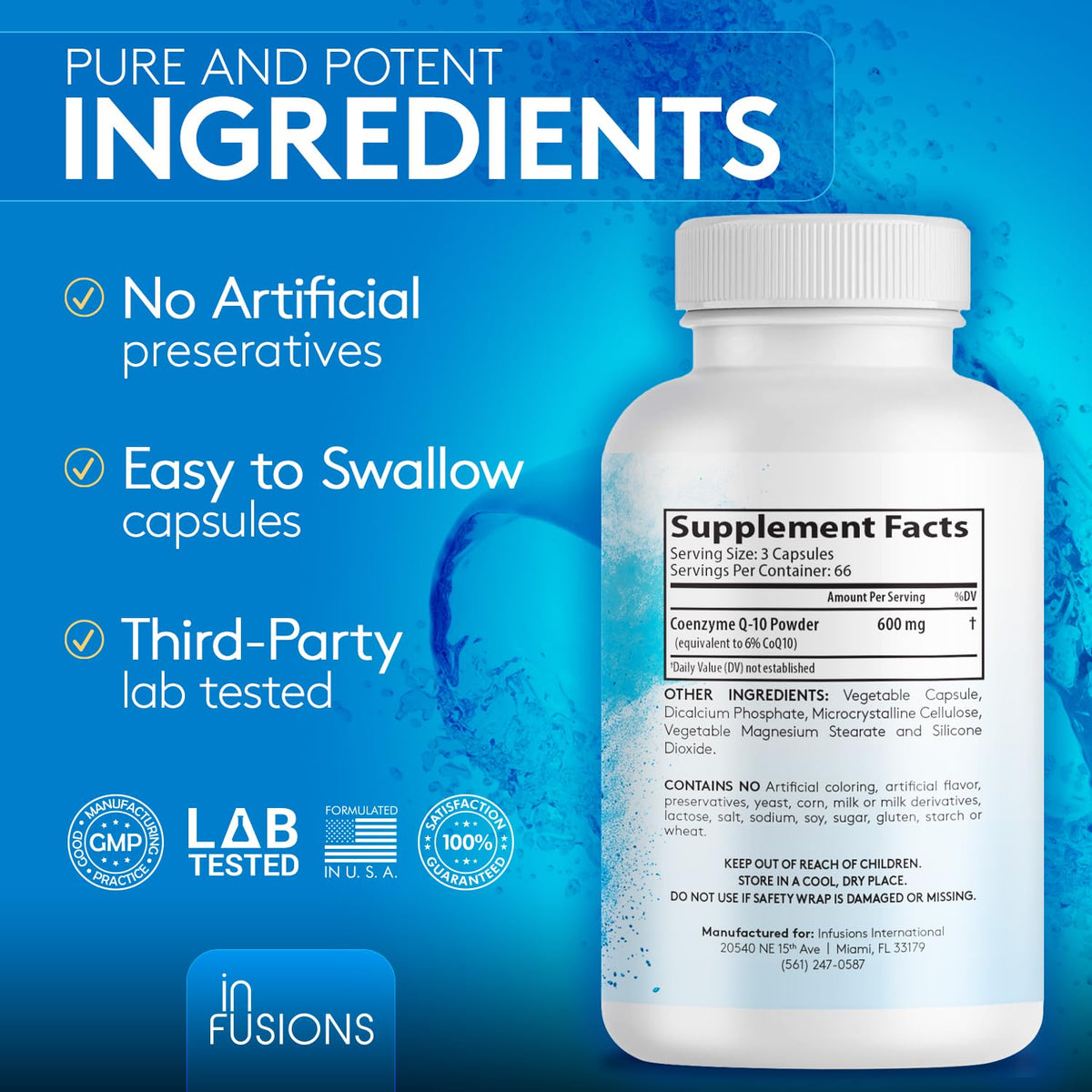 Infusions International CoQ10 600mg flacon ouvert avec capsules
