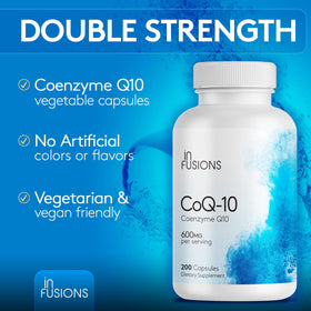 Infusions International CoQ10 600mg sur une table avec un style de vie sain