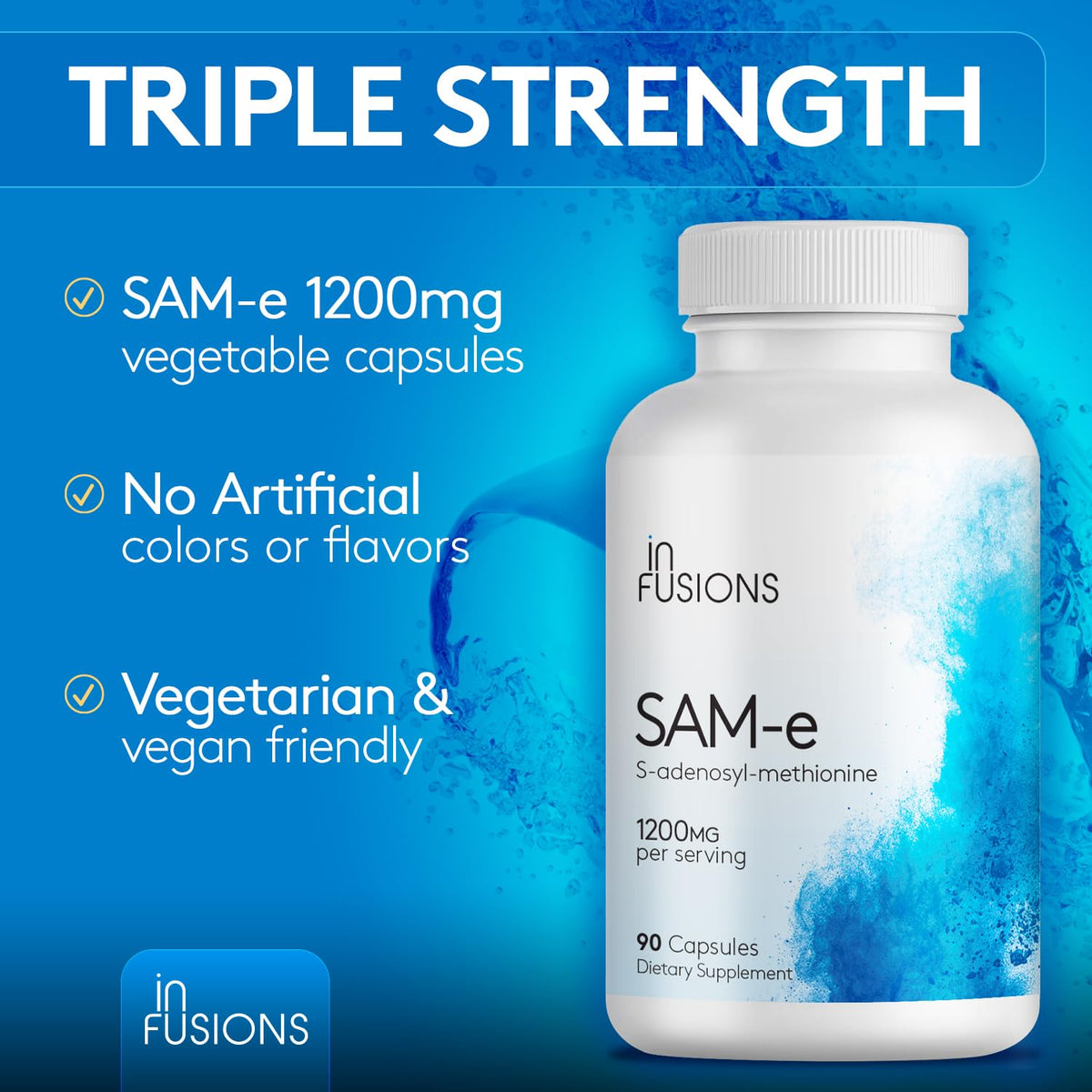 Infusions International SAM-e 1200mg flacon ouvert montrant les capsules